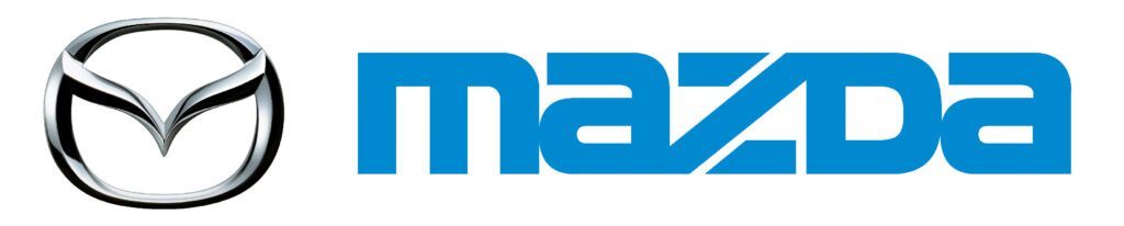 The Mazda logo consists of a stylized 'M' in silver, shaped like a wing, within an oval frame, symbolizing motion, elegance, and freedom
